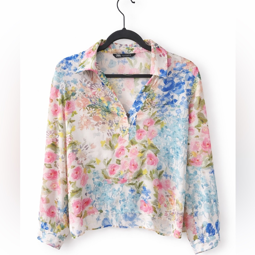 Zara Floral Watercolor Blouse - Pink and Blue